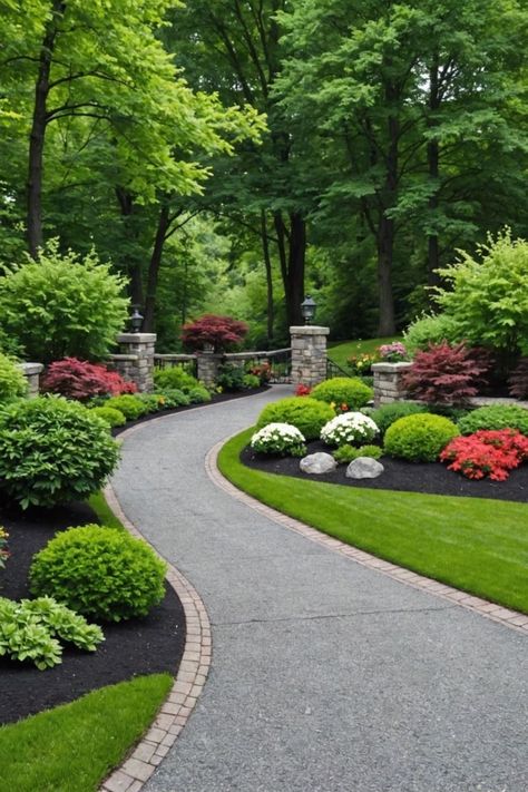 Landscaping A Long Driveway, Cool Driveway Ideas, Beautiful Yards Landscaping, Paved Driveway Ideas Curb Appeal, Front Gate Landscaping, Grand Driveway Entrance, Landscaping Ideas Around House, Driveway Entrance Landscaping Entryway, Driveway Flower Bed Ideas