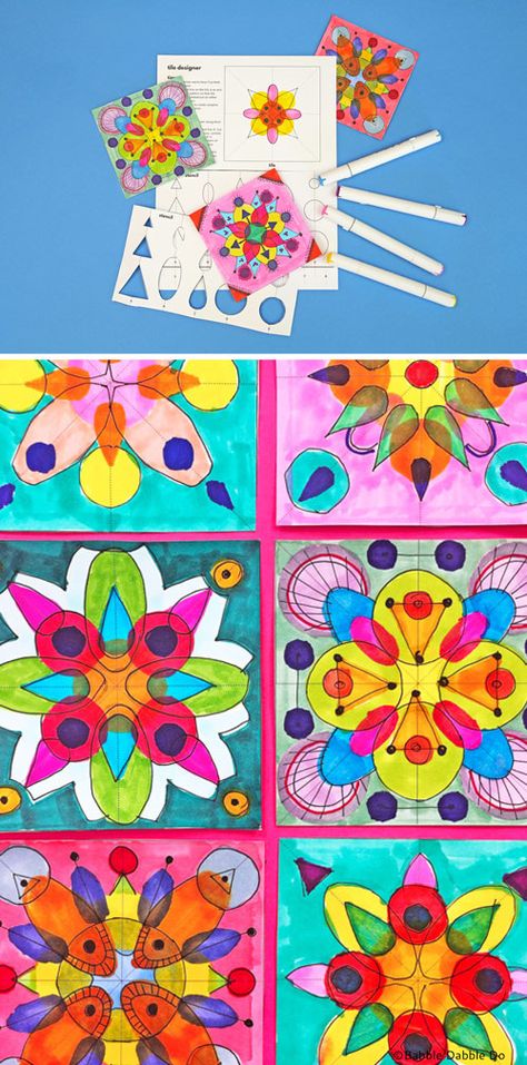 A Beautiful Geometric Art Project Featuring Symmetry - Babble Dabble Do Paper Tiles, Math Art Projects, Color Art Lessons, Babble Dabble Do, Steam Art, Summer Art Projects, Spring Art Projects, Middle School Art Projects, Art Lessons Middle School