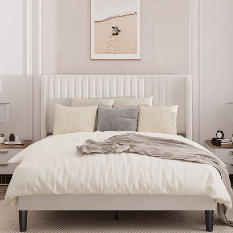 Willa Arlo Interiors Candler Upholstered Wingback Bed & Reviews | Wayfair Cream Headboard, High Headboard, White Bed Frame, Headboard Design, Bed Platform, Wingback Bed, Full Bed Frame, White Headboard, Wingback Headboard