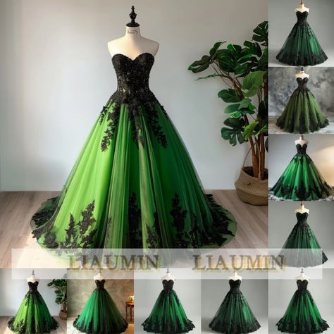 Emerald Green Wedding Dress, Green Quince Dress, Gothic Ball Gown, Black And Green Dress, Green Ball Gown, Strapless Ball Gown, Green Wedding Dresses, Purple Wedding Dress, Strapless Evening Dress