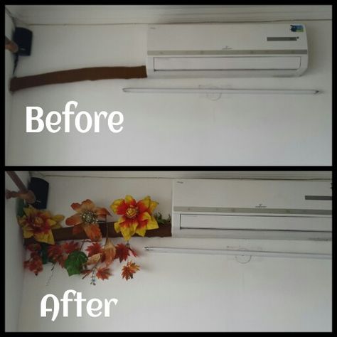 Simple n great way!!! Hiding the split AC Pipe Ac Wire Covering Ideas, Ac Pipe Covering Ideas, Hiding Pipes On Wall, Split Ac In Living Room, How To Hide Ac Pipes In Room, Ac Pelmet, Pipe Hiding Ideas, Cover Pipes On Wall, How To Hide Pipes On Wall