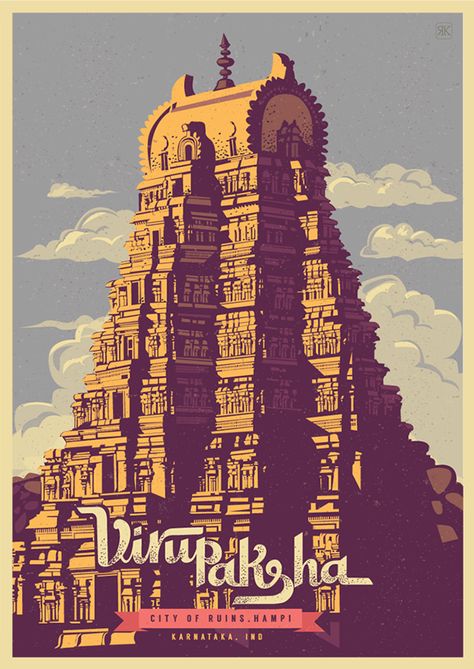 Discover India Series - Hampi on Behance Temple Poster, India Poster, Indian Temple Architecture, Indian Illustration, Temple Architecture, Temple Art, Travel Postcard, Amazing Artwork, City Illustration