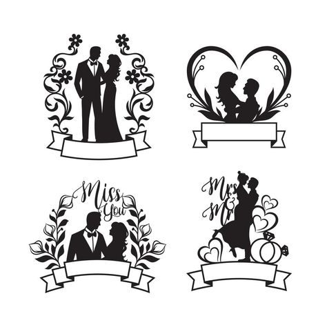 Set of bride and groom silhouette illustration, happy couple Wedding Silhouette Couple, Bride And Groom Silhouette, Idee Cricut, Couple Silhouette, Wedding Silhouette, Silhouette Illustration, Wedding Stickers, Silhouette Art, Art Drawings For Kids