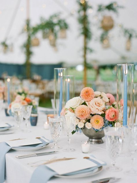 Peach and Blue Wedding Decor Spring Wedding Linens, Peach Wedding Aesthetic, Peach And Blue Wedding Theme, Peach And Blue Wedding Decorations, Peach And Blue Aesthetic, Dusty Blue Coral Wedding, Pastel Blue And Orange Wedding, Dusty Blue Peach And Sage Wedding, Peach Blue And White Wedding