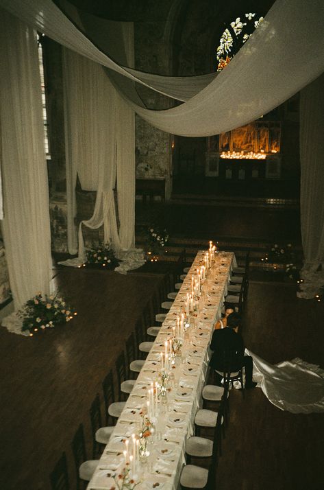 Romantic Aesthetic Wedding, Intimate Wedding Restaurant, Unique Wedding Seating, Dark Moody Romantic Wedding, 2024 Wedding Aesthetic, Sultry Wedding, Picture Wall Wedding Backdrop Ideas, Warehouse Wedding Decor, Tall Candles Wedding