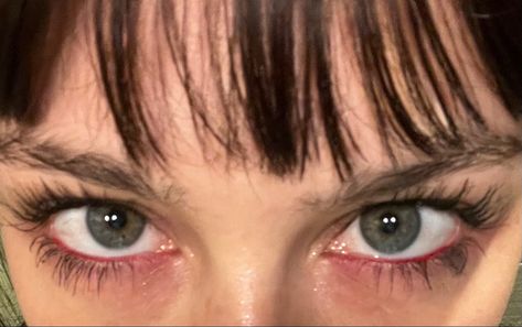 Simple Messy Makeup, Red Eyeliner Waterline, Red Eyeliner Under Eye, Red Under Eyeliner, Electric Red Aesthetic, Messy Eyeliner Look, Red Mascara Looks, Red Eyeliner Aesthetic, Red Undereye Makeup