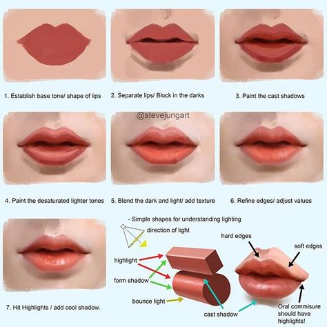 As promised, here is my process on how to paint lips. This is painted in Photoshop CS5 using brushes with pen pressure on. I'm using my default light setup again, which is three-quarter 45 degree frontal and side bounce light. 1. I choose a neutral value skin tone to set it as my base and block in the rough shape of the lips. MY COLORS WILL DE-SATURATE AS IT GOES LIGHTER AND SATURATED AS IT GETS DARKER. 2. I separate the upper and lower body of the lips and block in the dark tones around the ... How To Draw Lips, Draw Lips, Portrait Tutorial, الفن الرقمي, Drawing Eyes, Drawing Hair, Lips Drawing, Digital Painting Tutorials, Painting Tutorials