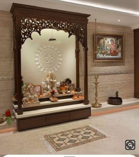 Aesthetic Mandir For Home, Mandir Pillar Design, Traditional Pooja Room Design, Wooden Mandir Design, Puja Ghar, Pooja Unit, Temple Room, Mandir Design, Temple Design For Home