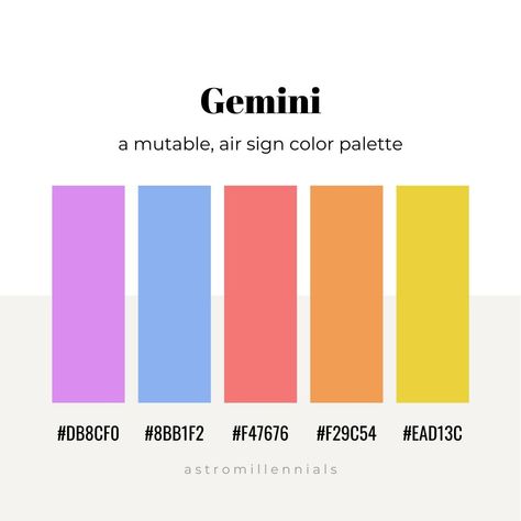 Zodiac Sign Colors Palette, Gemini Color, Zodiac Signs Colors, All About Gemini, Venus In Gemini, Gemini Traits, Gemini Zodiac Sign, Zodiac Signs Chart, Palette Ideas