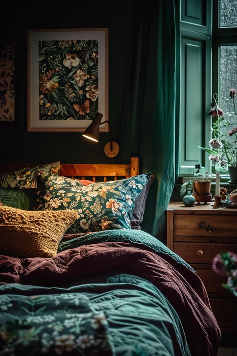 Immerse yourself in gothic grace with these inspiring dark moody bedroom color palettes. Discover elegant palettes that elevate your space with depth and allure, promising a sophisticated and stylish ambiance. #GothicGrace #ElegantPalettes #DarkMoody Green Maxamilist Bedroom, Dark Green Duvet Bedroom, Dark Moody Maximalist Bedroom, Dark And Moody Green Bedroom, Dark Country Bedroom, Moody Whimsical Bedroom, Sherwin Williams Cascades Bedroom, Tiny Dark Bedroom, Teal And Burgundy Bedroom