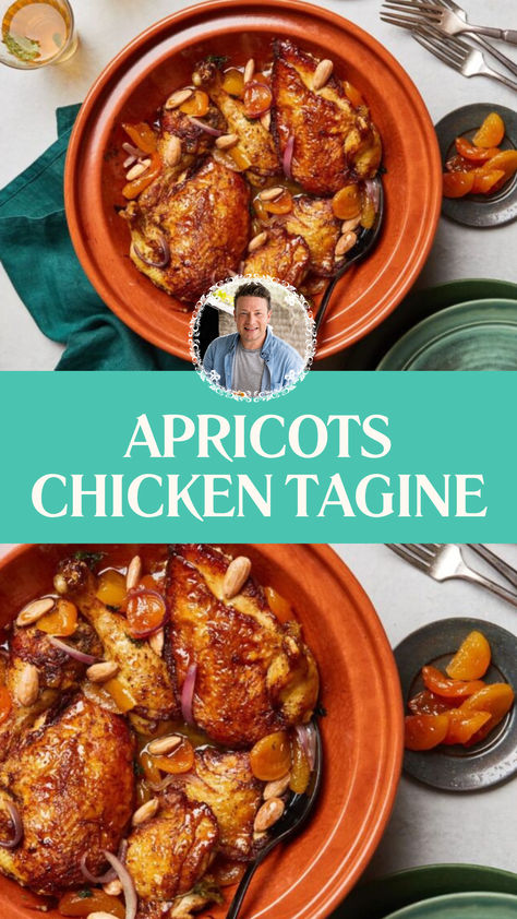 Jamie Oliver Apricots Chicken Tagine Chicken And Apricot Tagine, Apricot Chicken Tagine, Moroccan Apricot Chicken, Apricot Recipes Dinner, Turkish Chicken Recipes, Greek Fava, Tagine Recipes Chicken, Jamie Oliver 30 Minute Meals, Olive Oil Chicken