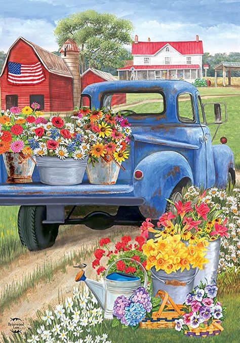 Truck With Flowers, Spring Doormats, Spring Gardening, Flower Truck, Blue Truck, Outdoor Display, Plant Markers, Decoration Inspiration, House Flag