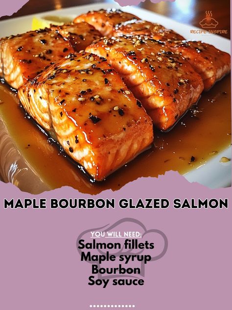 🥃🐟 Elevate your dinner with Maple Bourbon Glazed Salmon! A flavorful dish that’s both healthy and delicious! #SalmonRecipe Maple Bourbon Glazed Salmon Ingredients: Salmon fillets (4, skinless) Maple syrup (1/2 cup) Bourbon (1/4 cup) Soy sauce (2 tbsp) Garlic (2 cloves, minced) Olive oil (1 tbsp) Black pepper (1/2 tsp) Instructions: In a bowl, whisk together maple syrup, bourbon, soy sauce, garlic, and black pepper. Marinate salmon fillets in the mixture for at least 30 minutes. Preheat ov... Maple Glaze For Salmon, Bourbon Salmon Glaze, Maple Bourbon Salmon, Marinate Salmon, Maple Salmon Recipes, Maple Syrup Salmon, Bourbon Salmon, Maple Bourbon Glaze, Bourbon Glazed Salmon