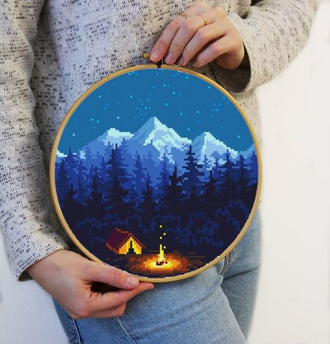 Cross Stitch Patterns Black Background, Camping Cross Stitch Patterns Free, Cross Stitch Patterns Nature, Free Cross Stitch Patterns To Download, Cross Stitch Mountains, Cool Cross Stitch Patterns, Cross Stitch Patterns Modern, Cross Stitch Forest, Mountain Cross Stitch