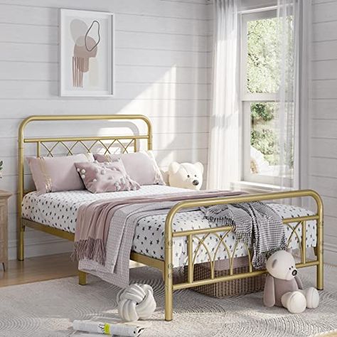 Gold Twin Bed Frame, Full Size Bed Frame Boho, Bedroom With Gold Bed Frame, Twin Bed Frames Aesthetic, Gold Twin Bed, Gold Metal Bed Frame, Short Headboard, Boho Bed Frame, Gold Bed Frame