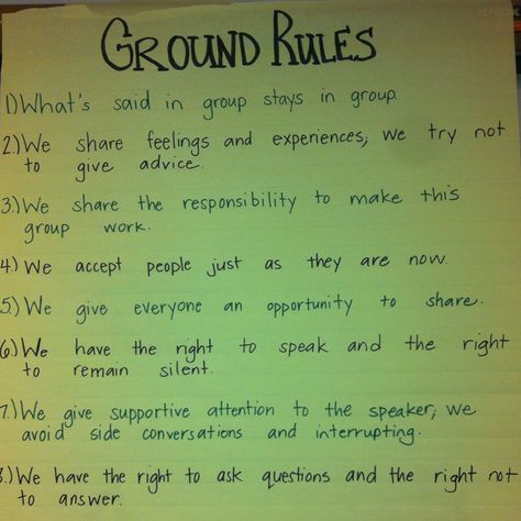 Ground rules for social group Ground Rules For Group Therapy, Family Therapy Ground Rules, Group Rules For Adults, Group Counseling Rules, Rules For Group Therapy, Ground Rules For Classroom, Intensive Outpatient Group Ideas, Peer Support Group Ideas, Group Counseling Activities