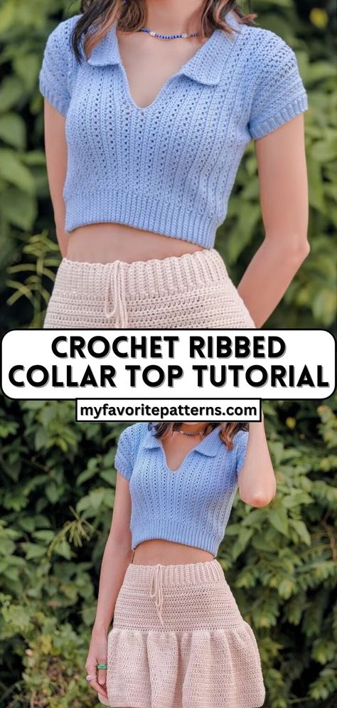 Crochet Ribbed Collar Top Tutorial Ribbed Collar Top, Crochet Shirt Free Pattern, Crochet Shirt Pattern, Crochet Tee, Crochet Tank Tops, Crochet Top Outfit, Clothes Tutorial, Quick Crochet Patterns, Crochet T Shirts