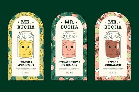 Kombucha Design Packaging, Kombucha Label Design, Bottle Stickers Label, Sticker Label Design, Label Minuman, Food Label Design, Kombucha Packaging, Kombucha Labels, Label Botol