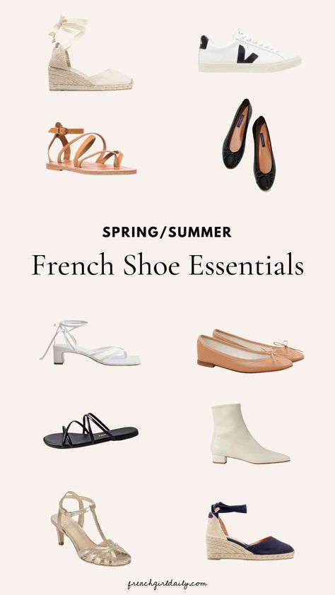 These French spring summer shoe essentials are a great place to start when building your French capsule shoe collection. French Style Shoes, Shoe Essentials, Shoes To Buy, French Outfits, Spring Summer Shoes, French Capsule Wardrobe, Cream Espadrilles, French Shoes, Parisian Summer