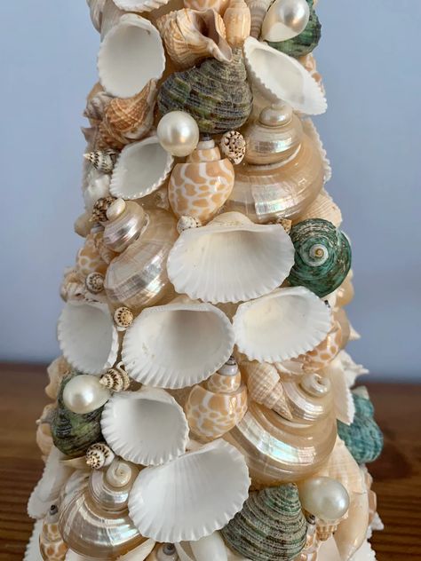 Seashell Topiary / Coastal Christmas Tree Home Decor | Etsy Oyster Shell Christmas Tree, Seashell Christmas Tree, Christmas Tree Topiary, Shell Christmas Tree, Oyster Shell Christmas, Seashell Christmas Ornaments, Seashell Christmas, Beach Christmas Ornaments, Coastal Christmas Tree