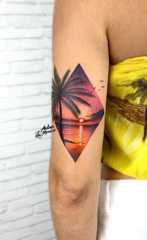 Realistic Sunset Tattoo, Mountain Sunset Tattoo, Newt Tattoo, Beachy Tattoos, Beach Tattoos, Circular Tattoo, Sunset Tattoo, Peace Tattoos, Surf Tattoo