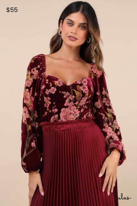 Love is definitely in the air whenever you're wearing the Lulus Luxe Romance Burgundy Velvet Floral Burnout Long Sleeve Bodysuit! This stunning bodysuit is composed of plush velvet, with a burnout mesh floral design throughout, that creates a darted bodice, a romantic sweetheart neckline, and balloon sleeves with elastic at the shoulders and cuffs. Attached mesh thong bottoms secure with snap closures. Hidden side zipper. Fit: This garment fits true to size. Length: Size medium measures 28.63" f Luxe Romance, Tops Online Shopping, Velvet Burnout, Burgundy Velvet, Scoop Neck Tank Top, Adhesive Bra, Cute Blouses, Balloon Sleeves, Long Sleeve Bodysuit