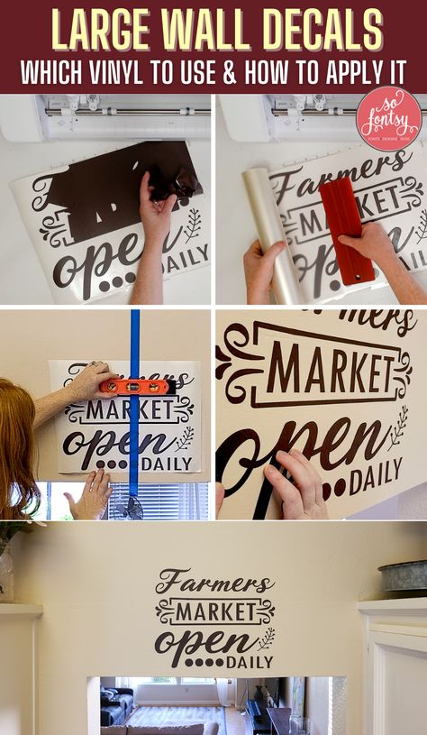 Step by Step tutorial from So Fontsy: What Vinyl to Use for Wall Decals (& How to Apply It!) Cricket Wall Decals, Removable Vinyl Wall Decals Cricut, Cricut Vinyl Wall Decor, Cricut Joy Wall Decals, Cricut Wall Decal Ideas, Cricut Projects Vinyl Signs Wall Decal, Diy Wall Decals Cricut, Diy Vinyl Wall Decals, Cricut Vinyl Wall Decals