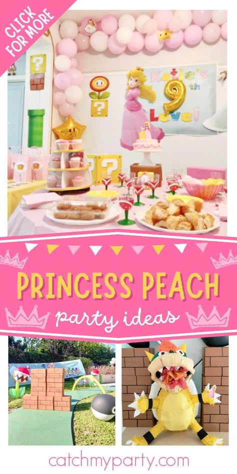 Check out this pretty Princess Peach birthday party! The Super Mario party activity is fantastic! See more party ideas and share yours at CatchMyParty.com Princess Peach Pool Party, Mario Princess Birthday Party, Mario And Peaches Birthday Party, Diy Princess Peach Decorations, Peach Birthday Party Mario, Princess Peach Birthday Party Diy, Princess Peach Food Ideas, Princess Peach Castle Cake, Princess Peach Party Games