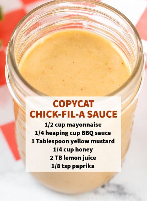 jar of homemade Chick-Fil-A Sauce with ingredients listed on jar Chick Fil A Sauce Recipe, Copycat Chick Fil A Sauce, Copycat Chick Fil A, Chick Fil A Sauce, Homemade Sauce Recipes, Salad Dressing Recipes Homemade, Homemade Condiments, Condiment Recipes, Copykat Recipes