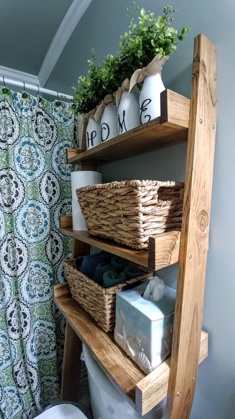 Diy Behind Toilet Shelves, Over The Toilet Shelf Diy, Bathroom Shelves Over Toilet Standing, Ladder Shelving Ideas, Bathroom Tables Ideas, Ladder Shelf Over Toilet, Diy Over The Toilet Storage, Behind Toilet Storage, Diy Bathroom Shelf