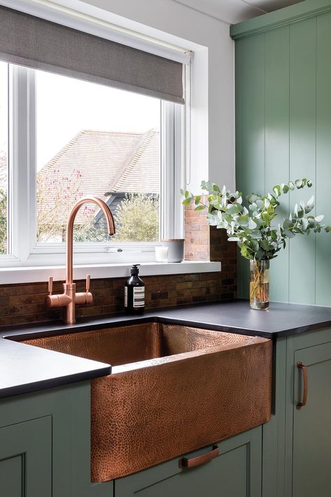 Window/backsplash Copper Hardware Kitchen, Copper Kitchen Accents, Cooper Kitchen, Copper Interior, Sage Green Kitchen, Copper Kitchen Sink, Green Kitchen Cabinets, Copper Sink, Copper Kitchen