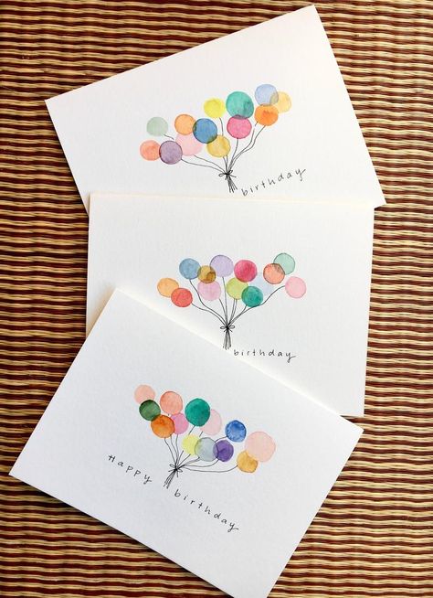 Joululahjat Diy, Balloon Card, Happy Birthday Cards Handmade, Happy Birthday Cards Diy, Postcard Ideas, Hadiah Diy, Painted Cards, Watercolor Hearts, Watercolor Birthday Cards