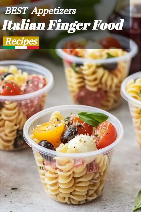 Mini Italian Pasta Salad cups are easy Italian finger foods perfect for garden parties. These cups are pasta-tively delightful! Find the recipe and discover more refreshing Italian appetizers in the article! Mini Italian Appetizers, Mini Pasta Salad Cups, Finger Foods Easy Party Cold, Antipasta Bites Appetizers, Mini Salads For Party, Cold Italian Appetizers For Party, Italian Orderves, Cheap Italian Appetizers, Italian Dinner Party Food