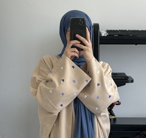 blue hearted abaya #hijab Heart Abaya, Blue Abaya Aesthetic, Dark Blue Abaya Designs, Navy Blue Abaya With Hijab, Embroidered Blue Long Sleeve Abaya, Blue Fitted Floor-length Abaya, Blue Abaya, Blue