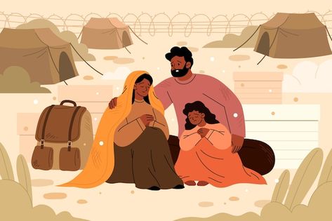 Flat world refugee day illustration | Free Vector #Freepik #freevector #flat-illustration #illustrations #refugee #people-design Refugees Illustration, Refugees Art, Refugee Day, Camping Drawing, World Refugee Day, Flat World, People Design, Day Illustration, Refugee Camp