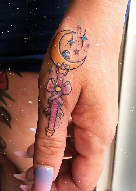 Tattoo Inspiration Moon Wand Tattoo, Sailor Moon Wand Tattoo, Finger Tattoos With Meaning, Sailor Moon Wand, Thumb Tattoos, Wand Tattoo, Our Mindful Life, Sailor Moon Tattoo, Small Finger Tattoos