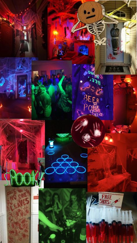 A vibrant mix of images portraying various halloween parties and scary or gory halloween decorations Rager Party, Halloween Rager, Halloween Party Themes, Party Inspiration, Halloween Party, Party Themes, Mood Board, Halloween