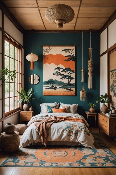 Japanese Theme Bedroom Ideas, Japan Decoration Home, Colourful Minimalist Bedroom, Teal Guest Bedroom, Boho Interior Design Bohemian Homes, Vibey Decor, Japan Home Interior, Boho Guest Bedroom, Japanese Themed Bedroom