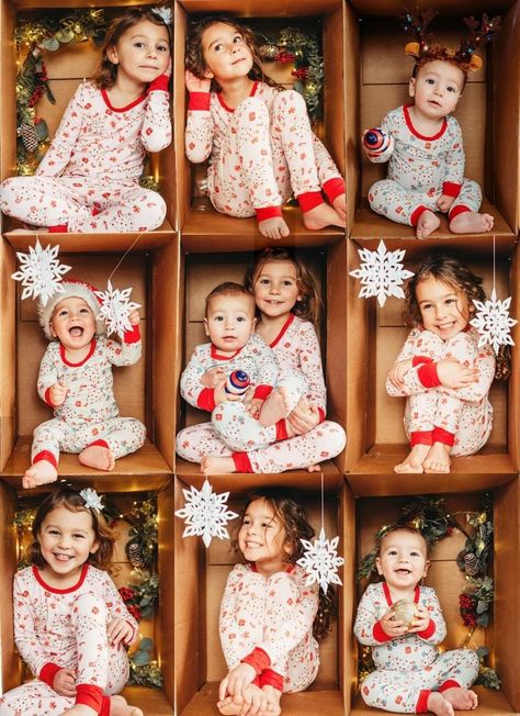 Christmas Box Ideas Photography, Taking Christmas Photos At Home, Christmas Home Photoshoot Ideas, Christmas Family Photoshoot Ideas Holiday Cards, Family Foto Ideas, Easy Toddler Christmas Pictures, Siblings Christmas Photoshoot Ideas, At Home Diy Christmas Pictures, Card Board Box Christmas Photos