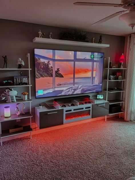 Gaming Living Room Ideas Cozy, Big Game Room Ideas, Tv Setup Aesthetic, Cozy Gaming Living Room, Game Room Ideas Videogames, Gaming Living Room Ideas, Gaming Tv Setup, His And Hers Gaming Setup, Gamer Living Room Ideas