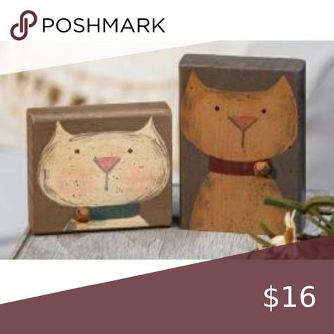 🆕️ Set of 2 Primitive Cats with Bells Cream Colored Cat, Rustic Primitive Decor, Timer Candles, Burlap Garland, Wooden Home, Plate Decor, Floral Plates, Woodworking Videos, Wooden Coasters