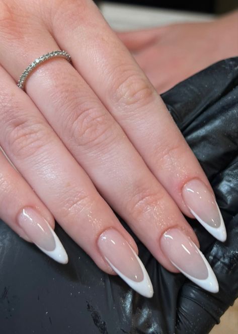 Almond French Tip nails U French Tip Nails, Medium Oval French Tip Nails, Long French Tips Almond, Slim French Tip Nails Almond, French Neutral Nails, Homecoming Nails Almond Shape, Sharp Almond French Tip, French Tip 1.5, French Nail Inspo Almond