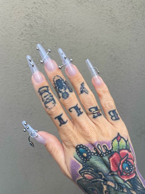 Pierced nails Nail With Piercing, Nail Piercing Jewelry, Piercing Nails Art Designs, Pierced Nails Acrylic, Nail Piercing Acrylic, Nude Aura Nails, Nails With Piercing, Pierced Nails, Piercing Nails