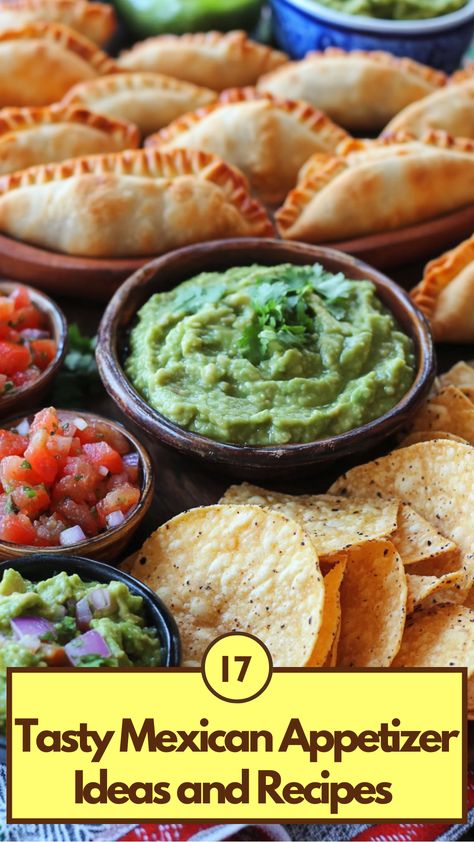 A colorful spread of Mexican appetizers including guacamole, empanadas, salsa, and tortilla chips, perfect for any party or gathering. Appetizer Mexican Appetizers, Easy Appetizers Mexican, Christmas Appetizers Mexican, Mexican Starters Appetizers, Mexican Inspired Appetizers, Mexican Appetizers For Party Easy Finger Foods, Southwestern Appetizers, Authentic Mexican Appetizers, Mexican Food Appetizers Parties