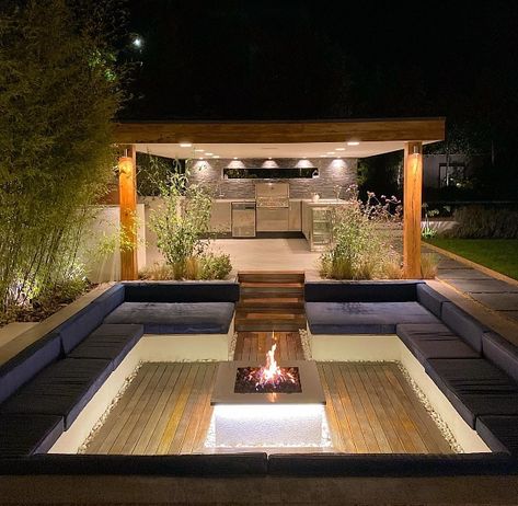 Top 21 Best Sunken Seating Areas - Outdoor Living Ideas Sunken Deck Seating, Square Sunken Fire Pit With Seating, Sunken Fire Pit With Seating, Pergola With Fire Pit, Fireplace Seating Area, Built In Garden Seating, Sunken Seating Area, Sunken Seating, In Ground Fire Pit