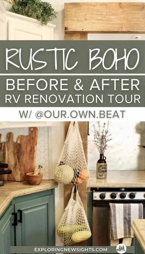 Modern Farmhouse Camper Remodel, Rv Camper Decorating Ideas Boho, Rustic Boho Camper, Boho Farmhouse Rv Decor, Bohemian Camper Remodel, Remolding Camper Ideas, Boho Campers Bohemian Style, Rv Slide Trim Ideas, Boho Rv Living Room