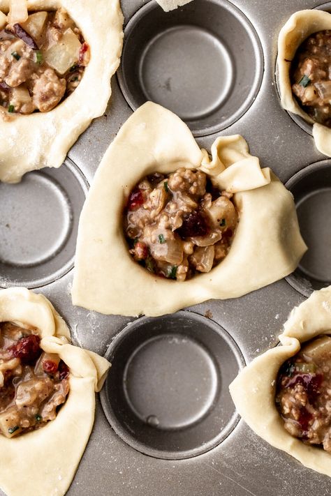 Mini Thanksgiving Turkey & Cranberry Pot Pies - Cooking with Cocktail Rings Pancetta Stuffing, Friendsgiving Appetizers, Mini Thanksgiving, Pumpkin Sausage, Flakey Pie Crust, Mini Pot Pies, Thanksgiving Casserole, Turkey Cranberry, Slow Cooker Turkey Breast