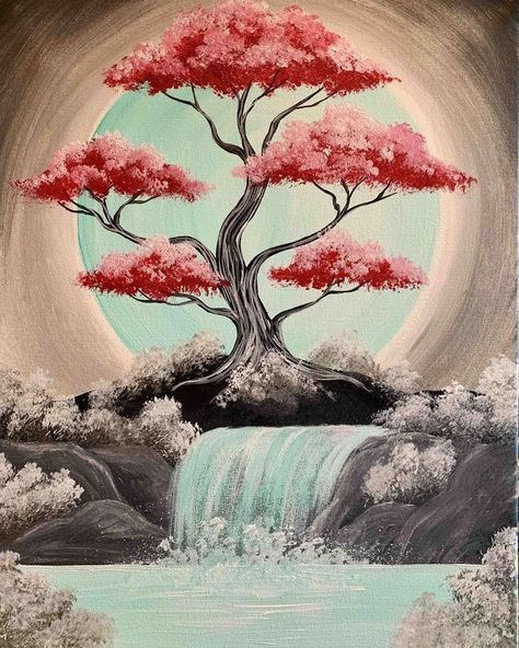 View Sketch Nature, Bonsai Tree Painting Acrylic, Cherry Blossom Painting Acrylic, Cherry Blossom Drawing, Cherry Blossom Painting, Canvas Painting Designs, Blossoms Art, Tree Drawing, Diy Canvas Art Painting