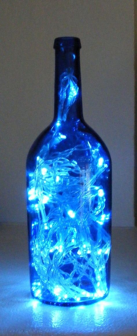 LED Lamp in a bottle Behind Blue Eyes, Everything Is Blue, Blue Lights, Cool Lamps, Blue Bottle, Wine Bottle Crafts, Feeling Blue, Love Blue, Blue Christmas