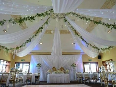 Wedding Drapery Ideas, Pure White Wedding, Ceiling Drapery, Wedding Drapery, Bride Groom Table, Draping Ideas, Roof Decoration, Wedding Ceiling, Ceiling Draping